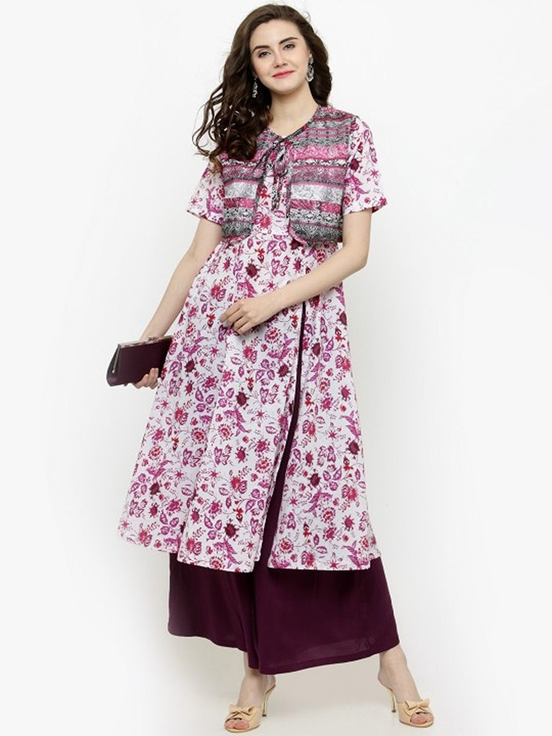 

Sera Floral Printed Cotton A-Line Kurta With Waistcoat, White