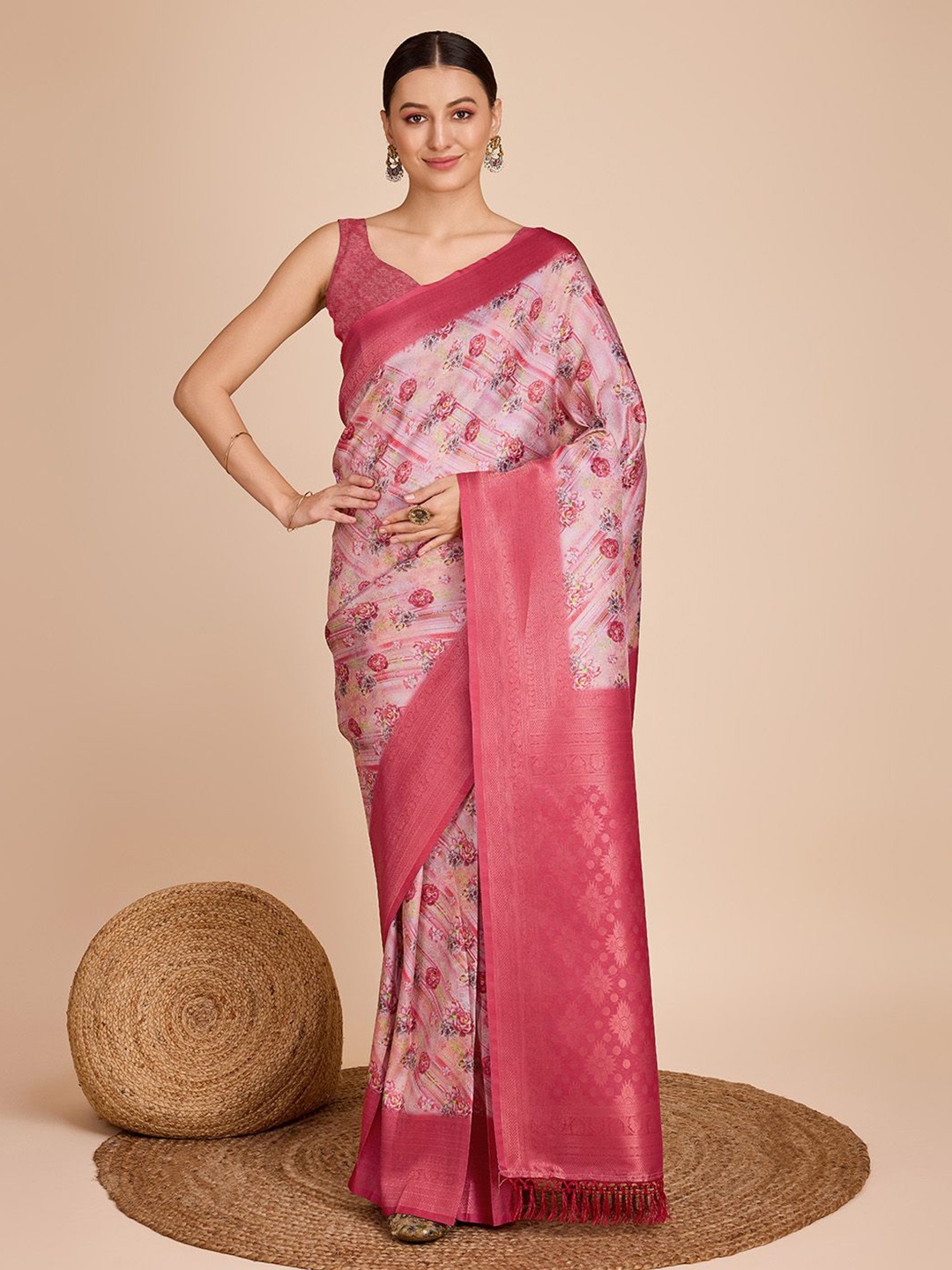 

bansari textiles Kanjeevaram Floral Pure Silk Zari Saree, Red