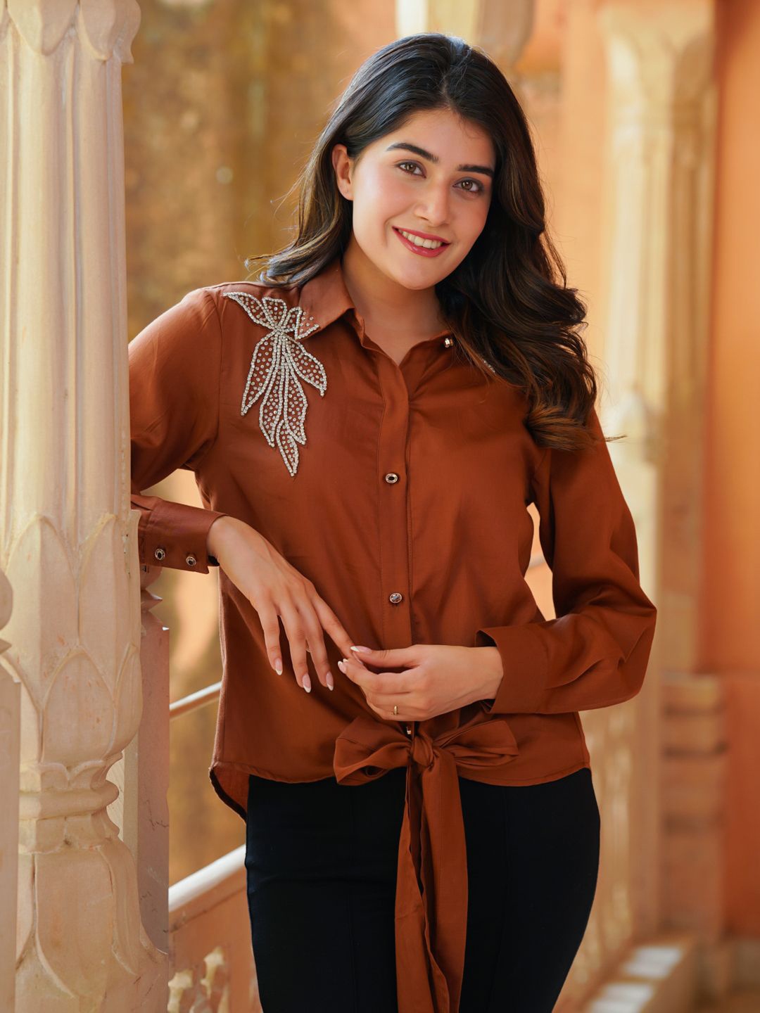 

Ambraee Women Solid Spread Collar Relaxed Casual Shirt, Brown