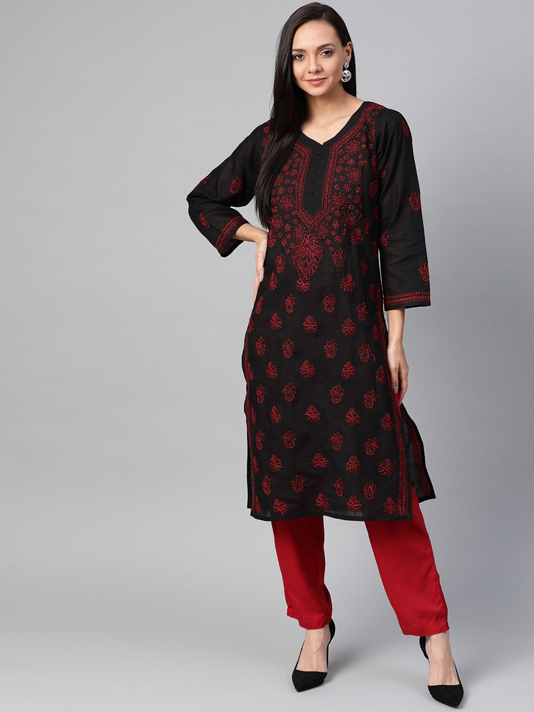 

ADA Floral Embroidered Notch Neck Lucknowi Chikankari Cotton Straight Kurta, Black