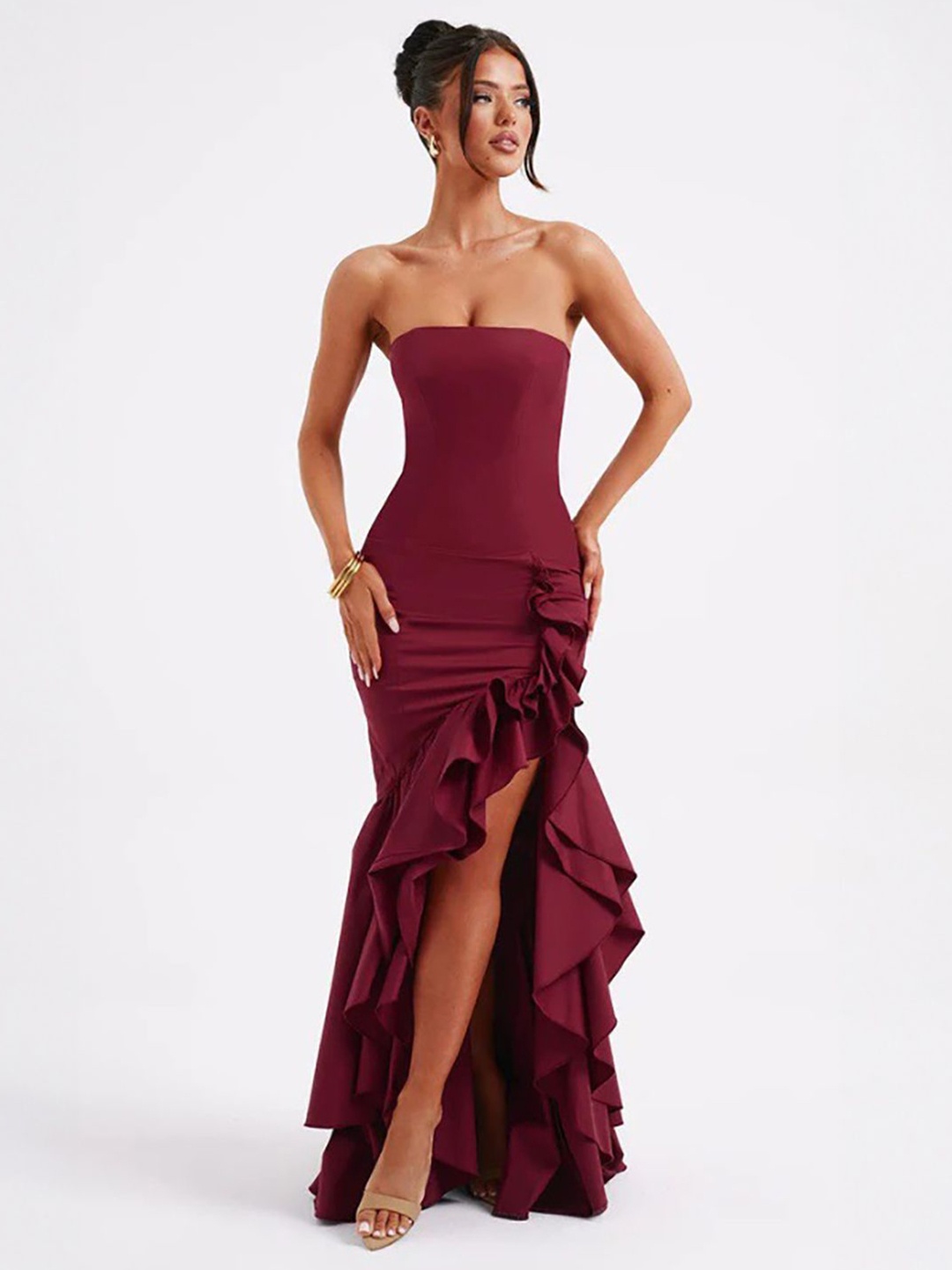 

StyleCast x Revolte Strapless Ruffled Bodycon Maxi Dress, Red