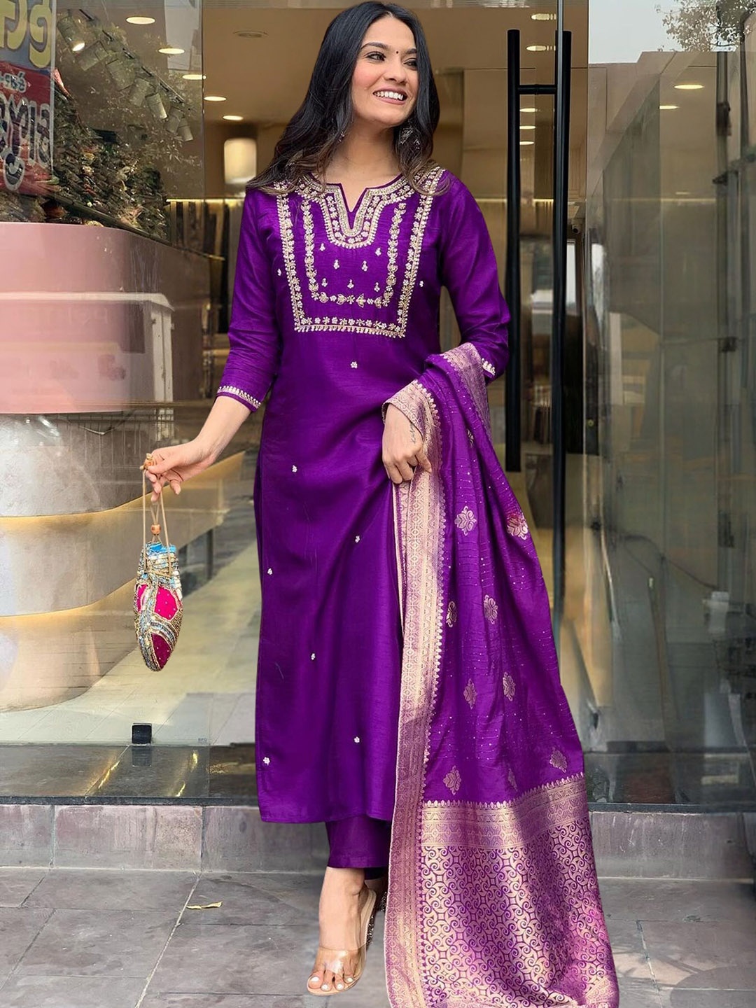 

KALINI Ethnic Motifs Embroidered Chanderi Silk Straight Kurta with Trousers & Dupatta, Purple