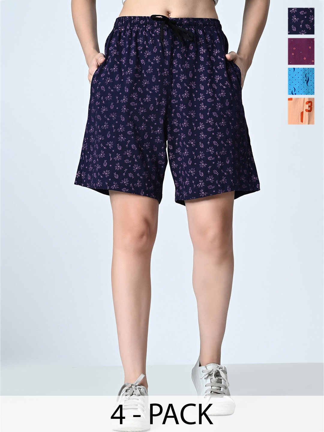 

BAESD Women Pack Of 4 Cotton Printed High-Rise Shorts, Blue