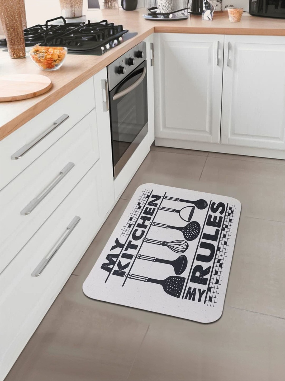 

Kuber Industries Off White & Black 6 Pieces Printed Anti Skid Kitchen Mats