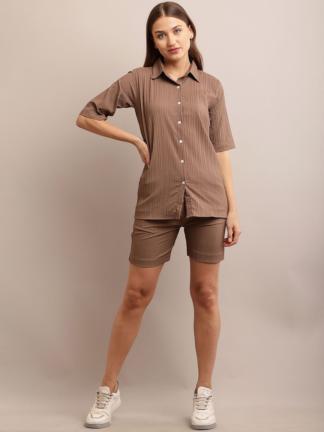

BAESD Striped Pure Cotton Shirt With Shorts, Brown