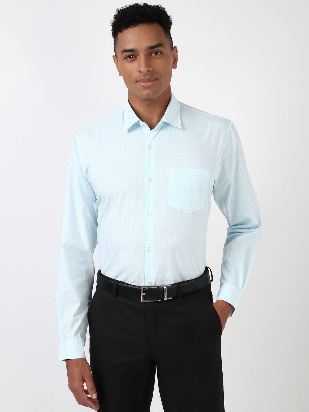 

Peter England Men Spread Collar Checked Polycotton Formal Shirt, Blue