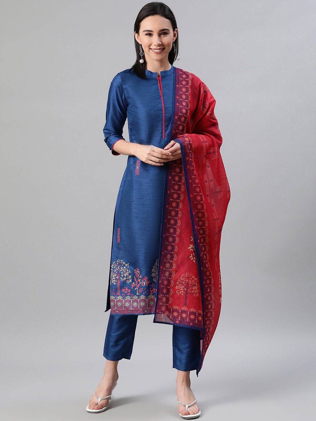

ZIYAA Blue & Red Ethnic Motifs Printed Regular Kurta With Trousers & Dupatta