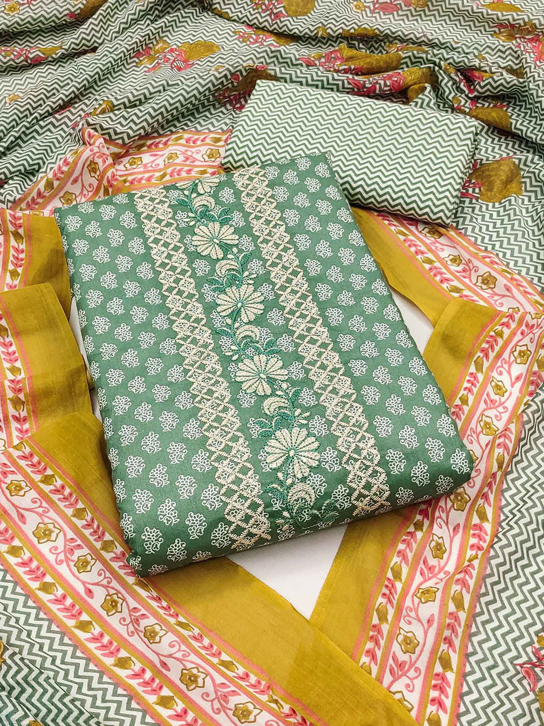 

Peachmode Floral Printed Thread Work Pure Cotton Unstitched Dress Material, Green