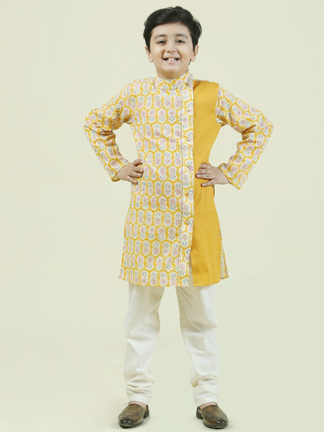 

Folk Culture Clothing Boys Pure Cotton Kurta with Churidar, Yellow