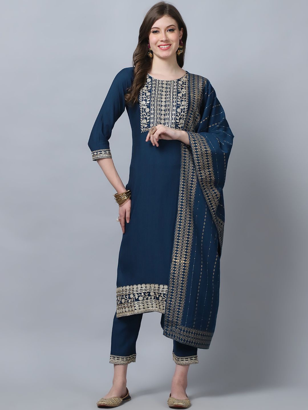 

KALINI Floral Embroidered Sequinned Pure Silk Straight Kurta with Trousers & Dupatta, Navy blue