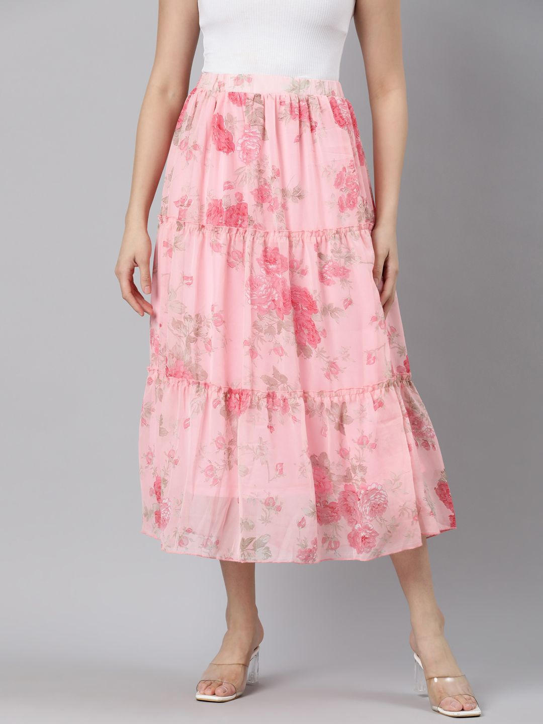 

TWIN BIRDS Floral Printed Flared Midi Skirt, Pink