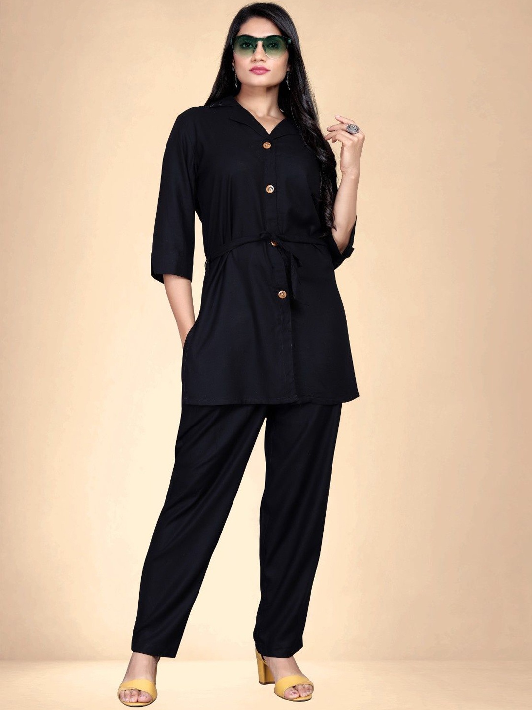 

Abhilasha Shawl Collar Pure Cotton Tunic With Trousers & Belt, Black