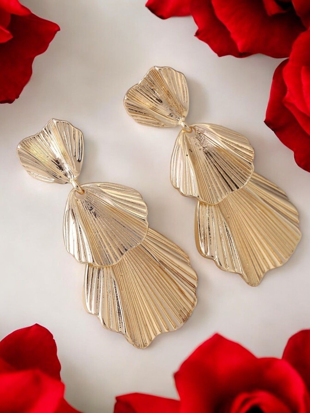 

fabula Ribbed Retro Vintage Layered Petal Leaf Drop Earrings, Gold