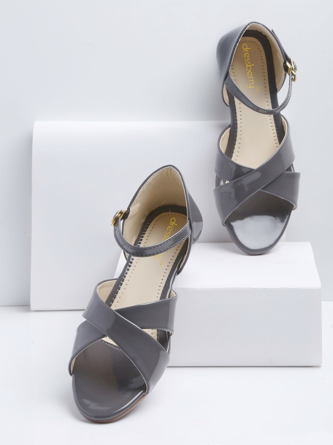 

DressBerry Women Ankle Loop Open Toe Flats with Buckles Flats, Grey
