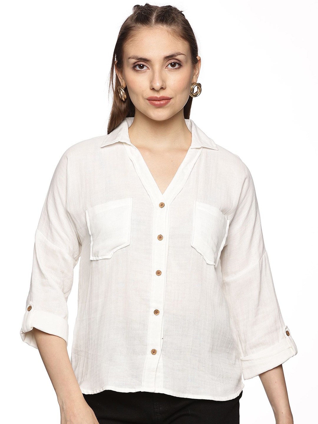 

Indyvarna Women Spread Collar Solid Cotton Semiformal Shirt, White