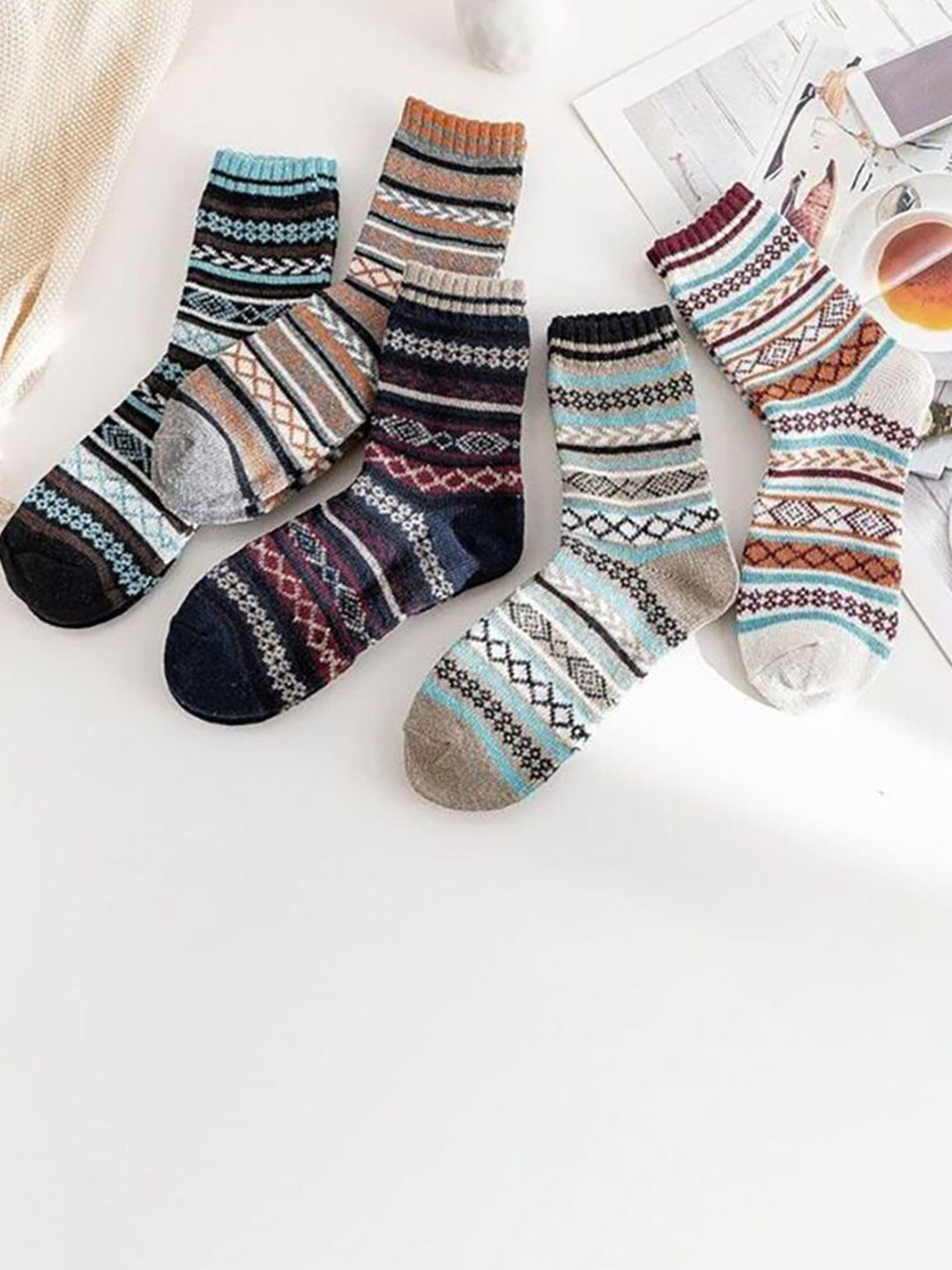 

Sockscarving Men Pack Of 5 Cotton Printed Calf-Length Socks, Beige