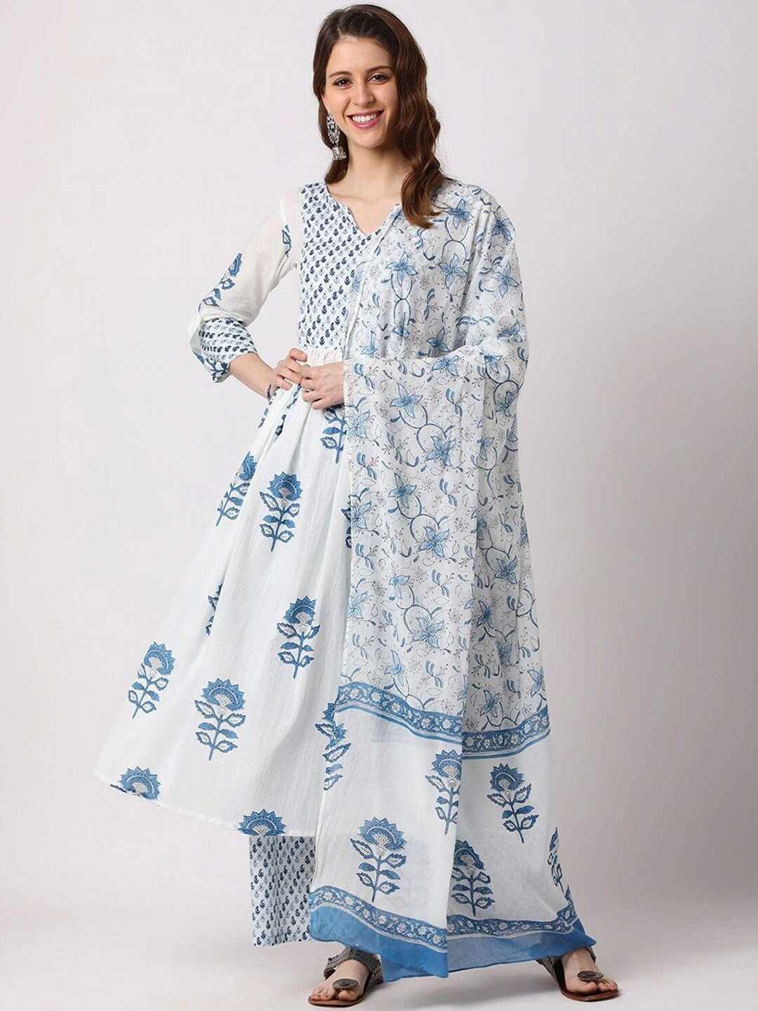 

KALINI Floral Printed Anarkali Kurta with Trousers & Dupatta, White