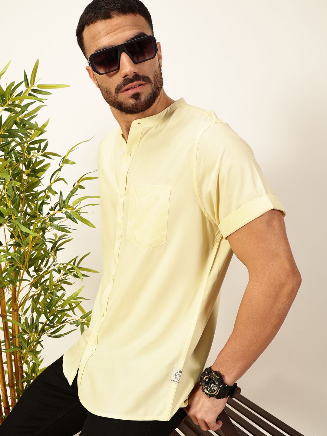 

Thomas Scott Men Premium Solid Mandarin Collar Casual Shirt, Yellow