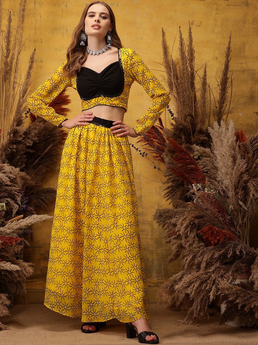 

indo street Printed Top With Flared Skirt, Yellow