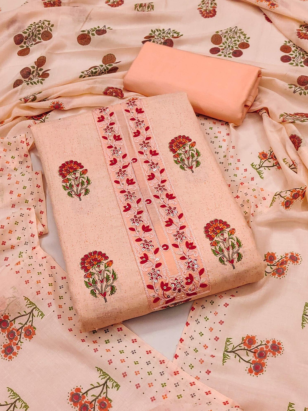 

Peachmode Floral Printed Sequinned Pure Cotton Unstitched Dress Material, Peach
