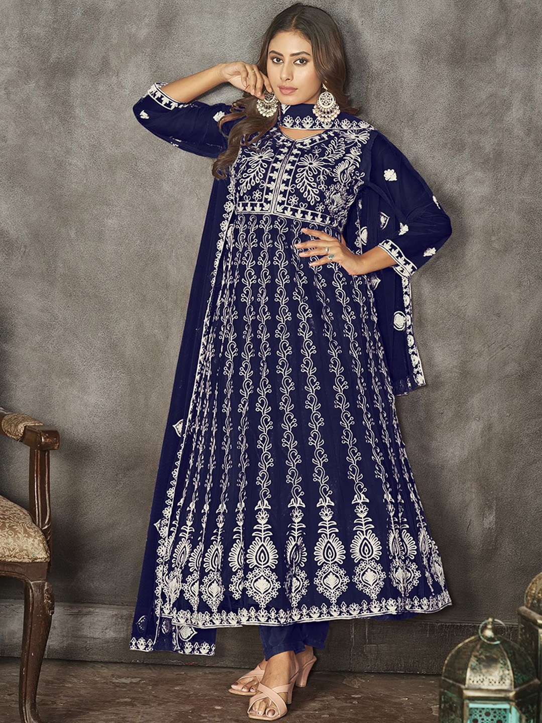 

Warthy Ent Floral Embroidered Net Semi-Stitched Dress Material, Blue