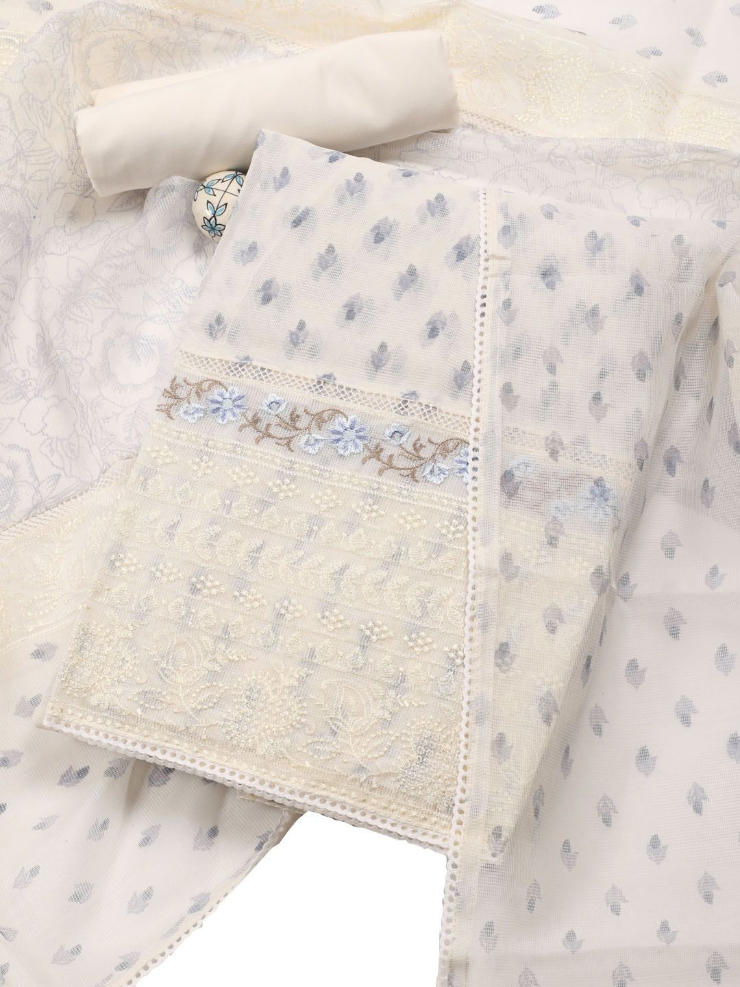 

Meena Bazaar Floral Printed Unstitched Dress Material, Cream