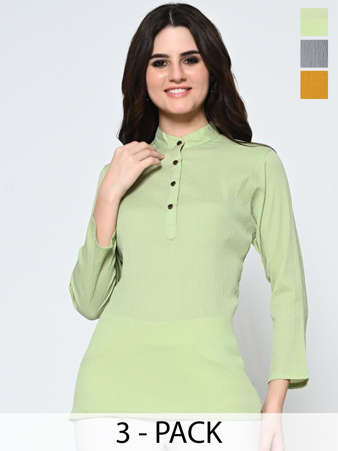 

BAESD Pack Of 3 Self Design Mandarin Collar Crepe Tops, Lime green