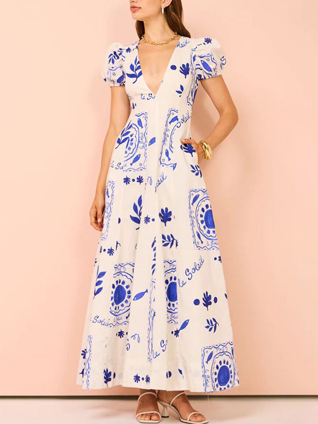 

StyleCast x Revolte Printed Puff Sleeve Chiffon A-Line Maxi Dress, White