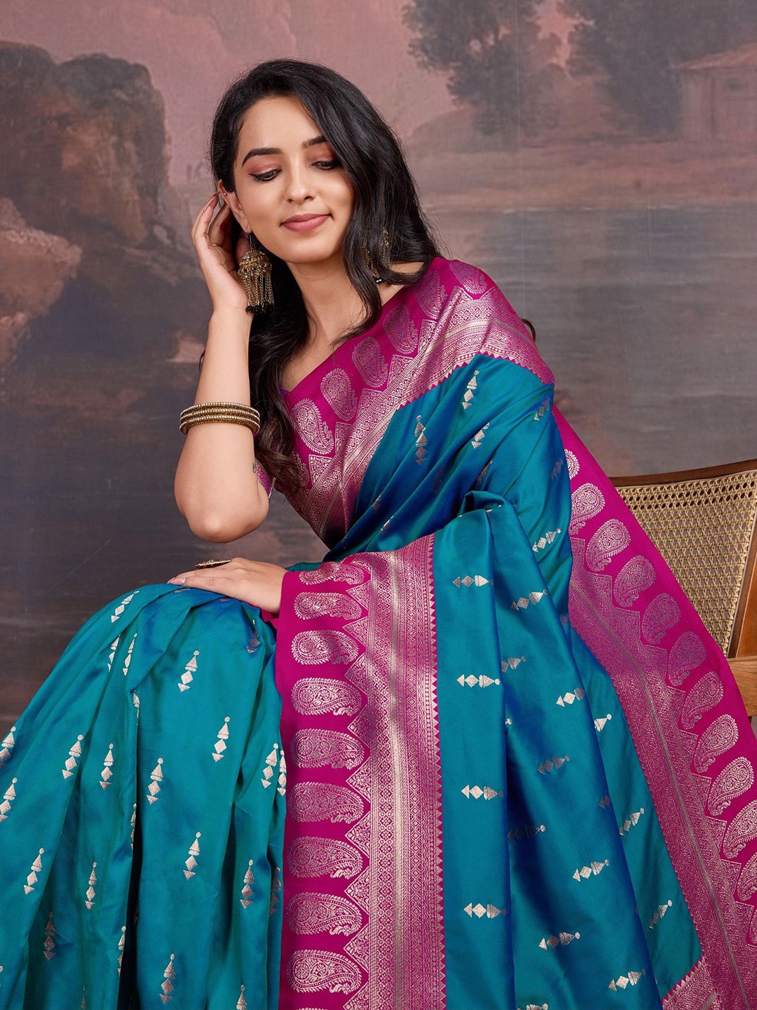 

House of Pataudi Woven Design Sarees, Turquoise blue