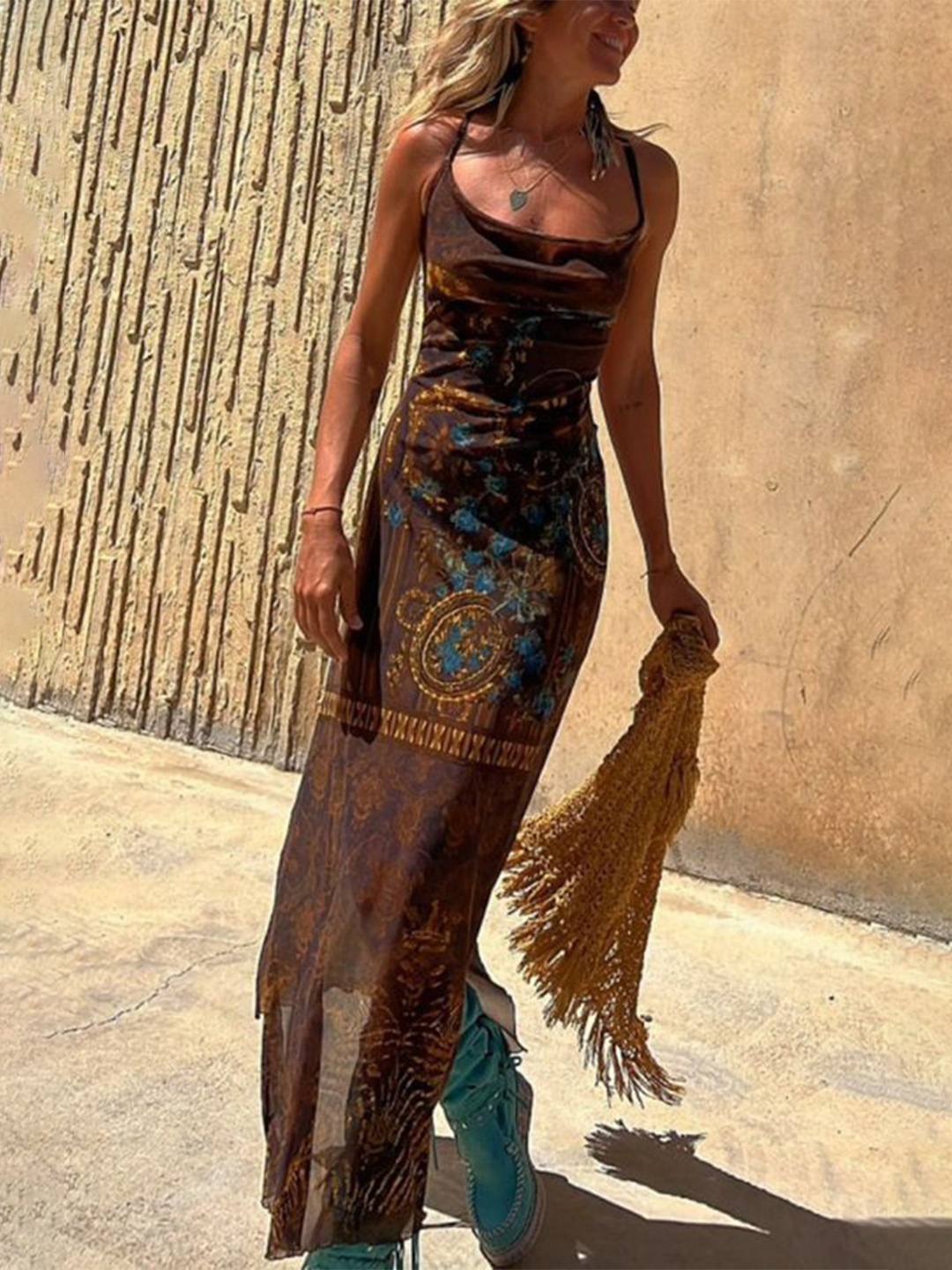 

StyleCast x Revolte Printed Halter Neck Maxi Dress, Brown