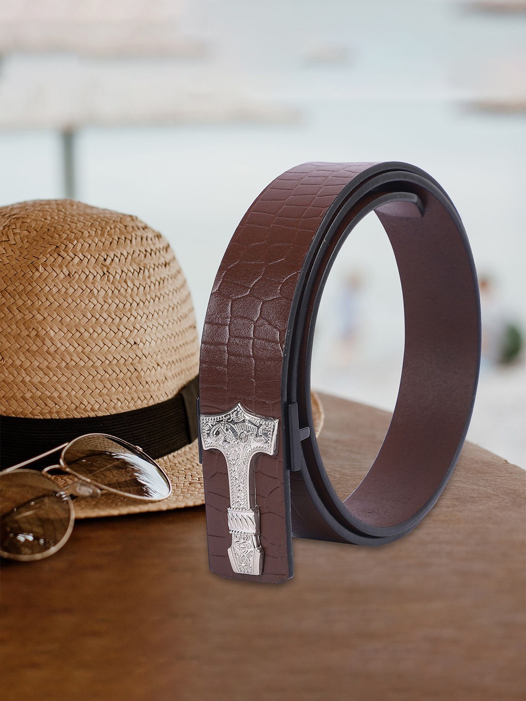 

KEZRO Men Push Pin Closure Textured Casual Belt, Brown