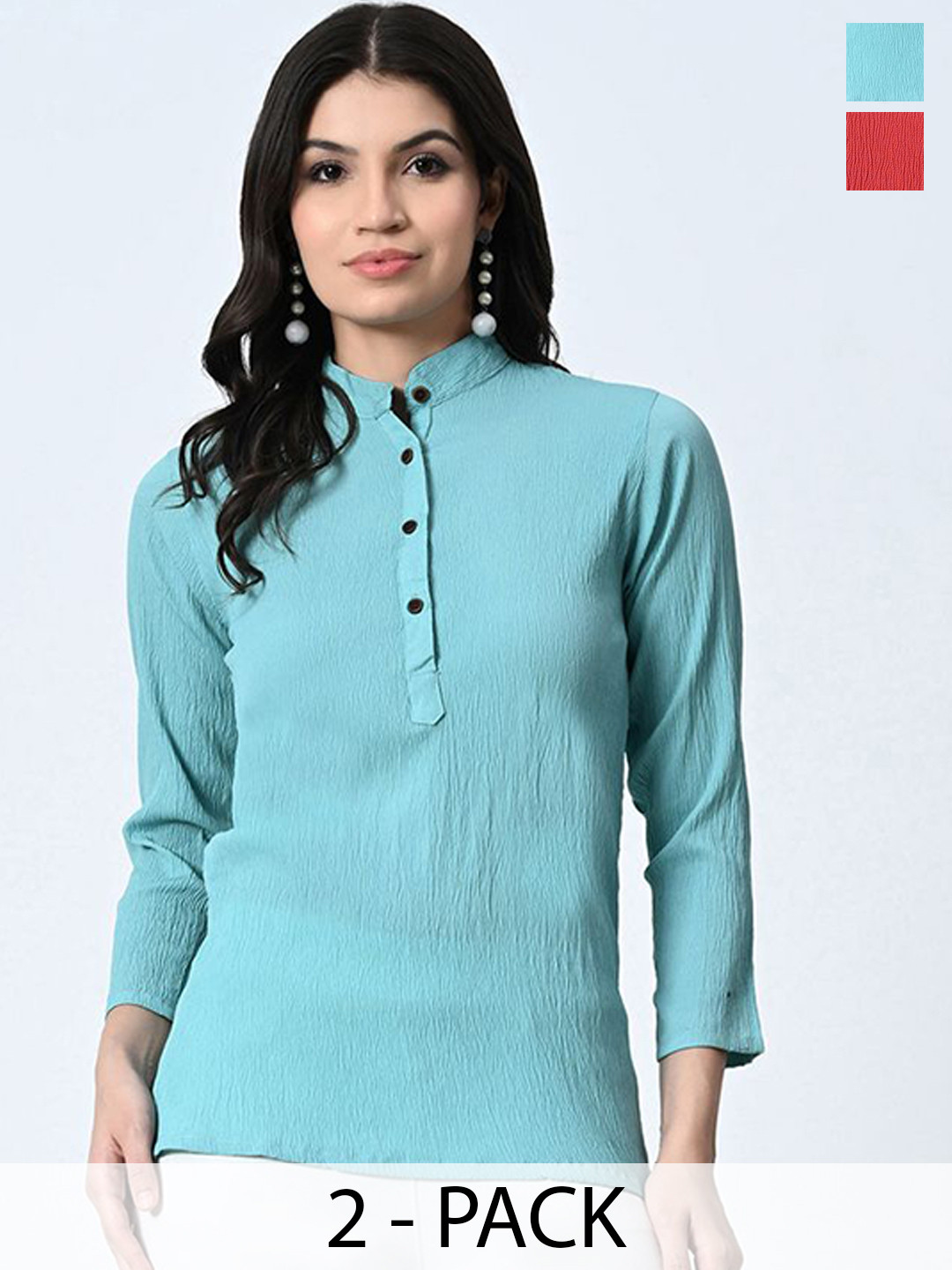 

BAESD Pack Of 2 Self Design Mandarin Collar Crepe Tops, Multi