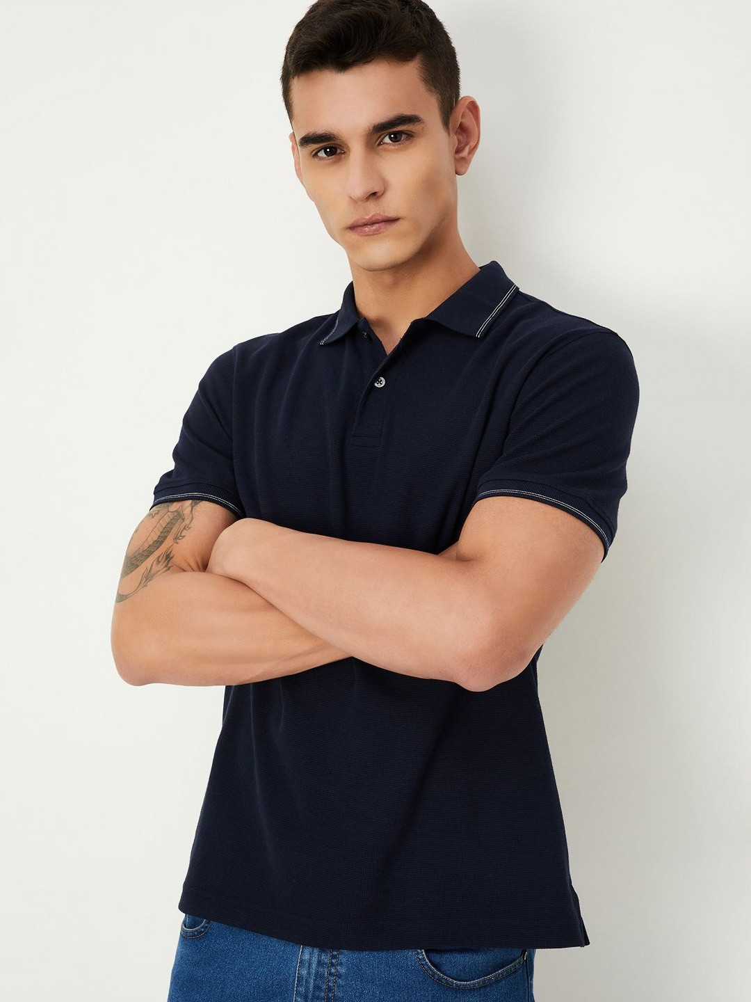 

max Men Solid Polo Collar Cotton T-Shirt, Blue