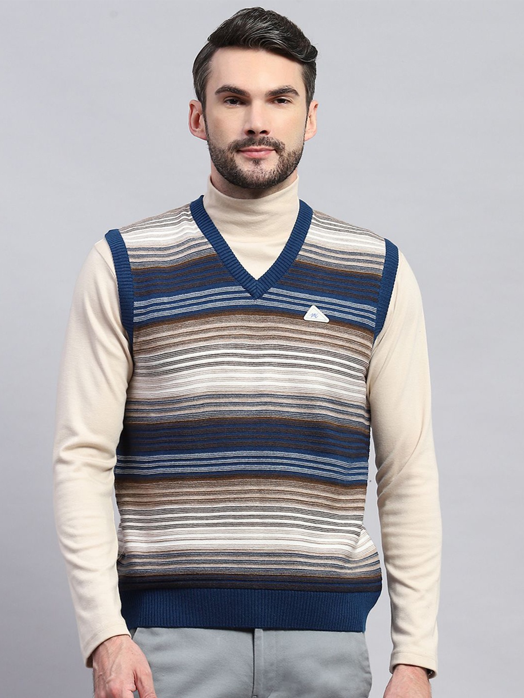 

Monte Carlo Men Striped Woollen Sweater Vest, Blue