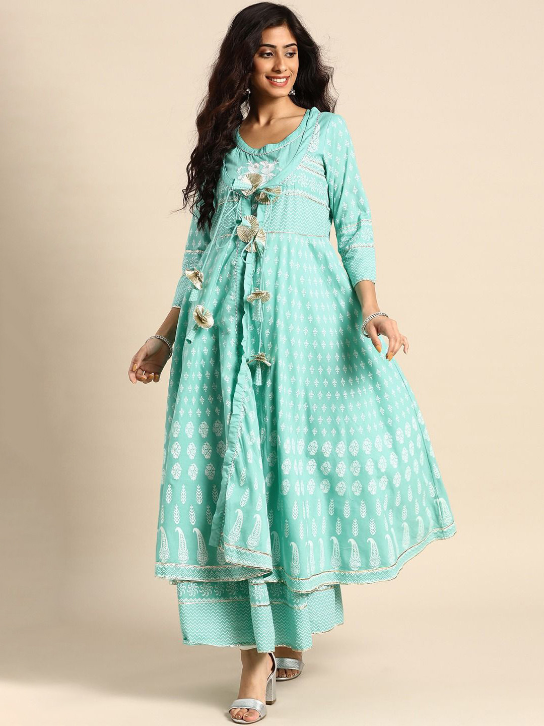 

Anouk Sea Green Floral Embroidered Sleeveless Cotton Anarkali Kurta With Jacket