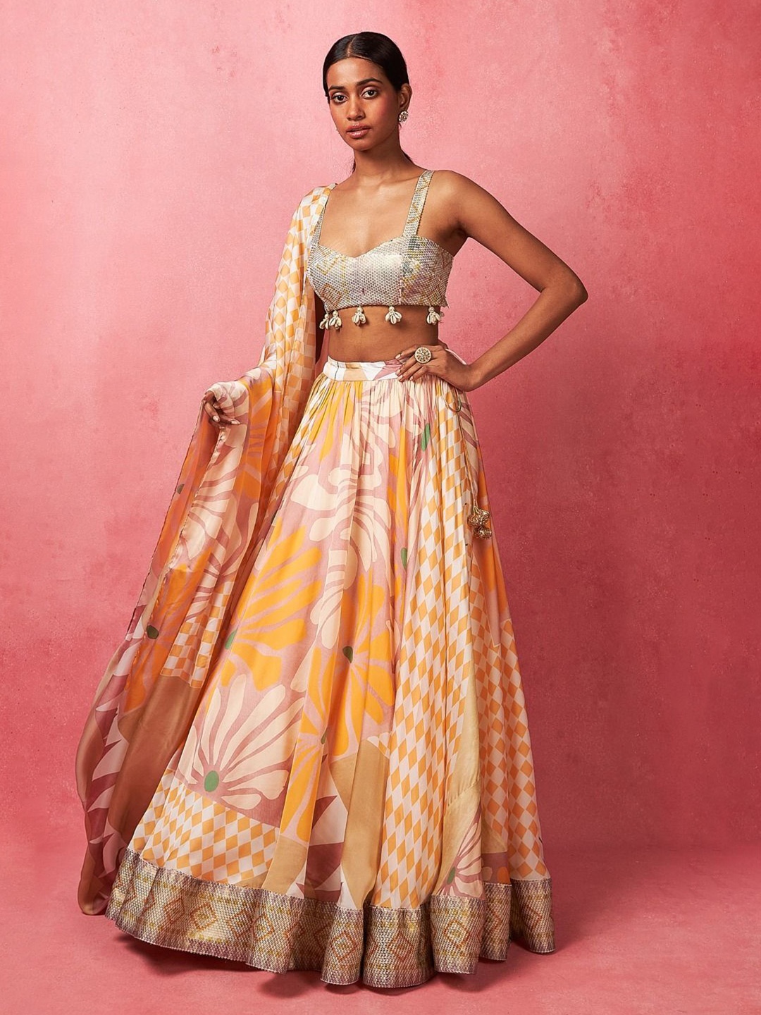 

Vedika M Floral Printed Ready to Wear Lehenga & Blouse With Dupatta, Peach