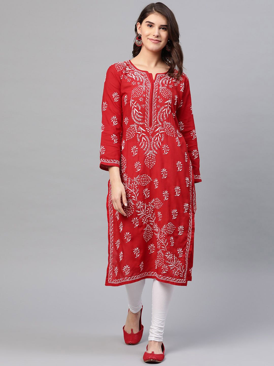 

ADA Floral Embroidered Notch Neck Lucknowi Chikankari Cotton Straight Kurta, Red