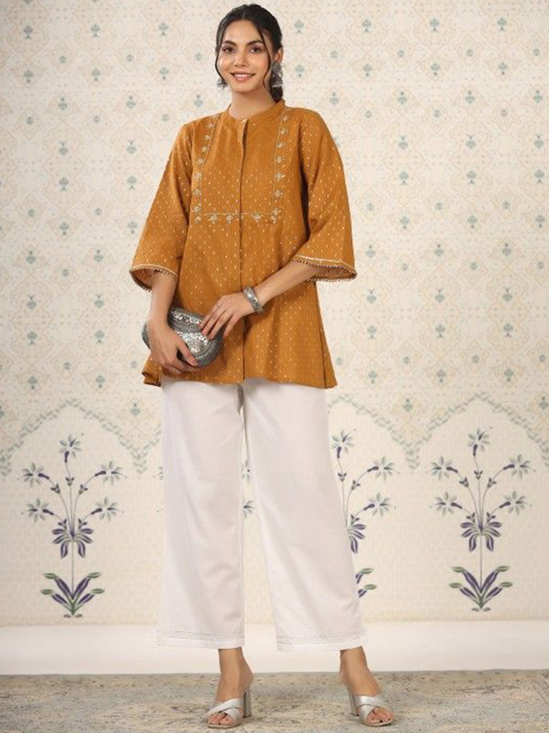 

Ode by House of Pataudi Embroidered Printed Band Collar Cotton Shirt With Palazzos, Mustard