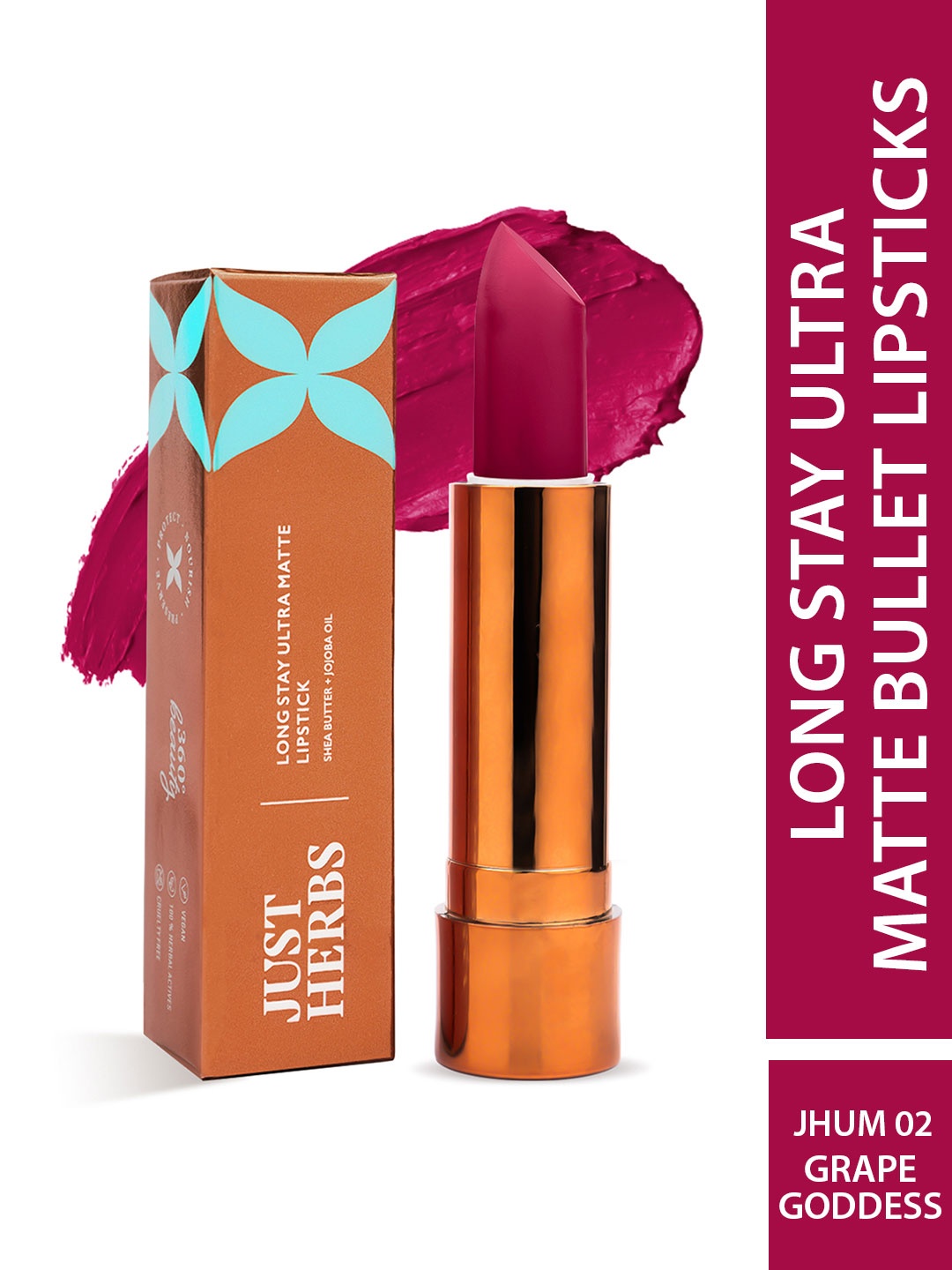 

Just Herbs Long Stay Ultra Matte Lipstick with Shea Butter 4g - Grape Goddess 02, Magenta