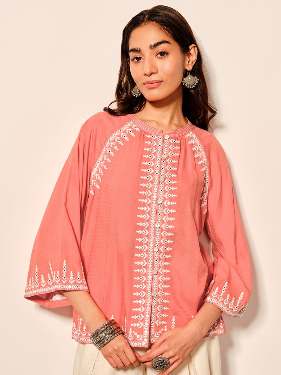 

Global Desi Women Ethnic Motifs Embroidered Ethnic Print Round Neck Top, Coral