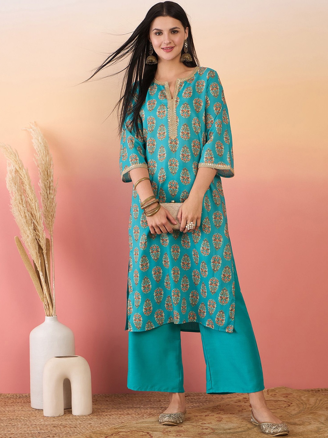 

Anouk Blue Floral Printed Sequinned Straight Kurta With Palazzo