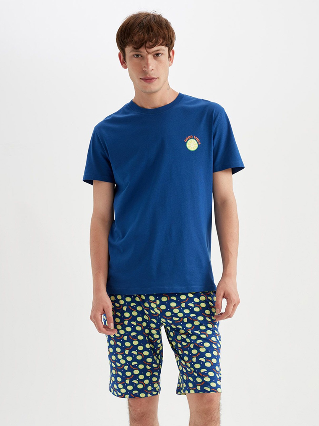 

DeFacto Round Neck Pure Cotton Night Suit, Blue