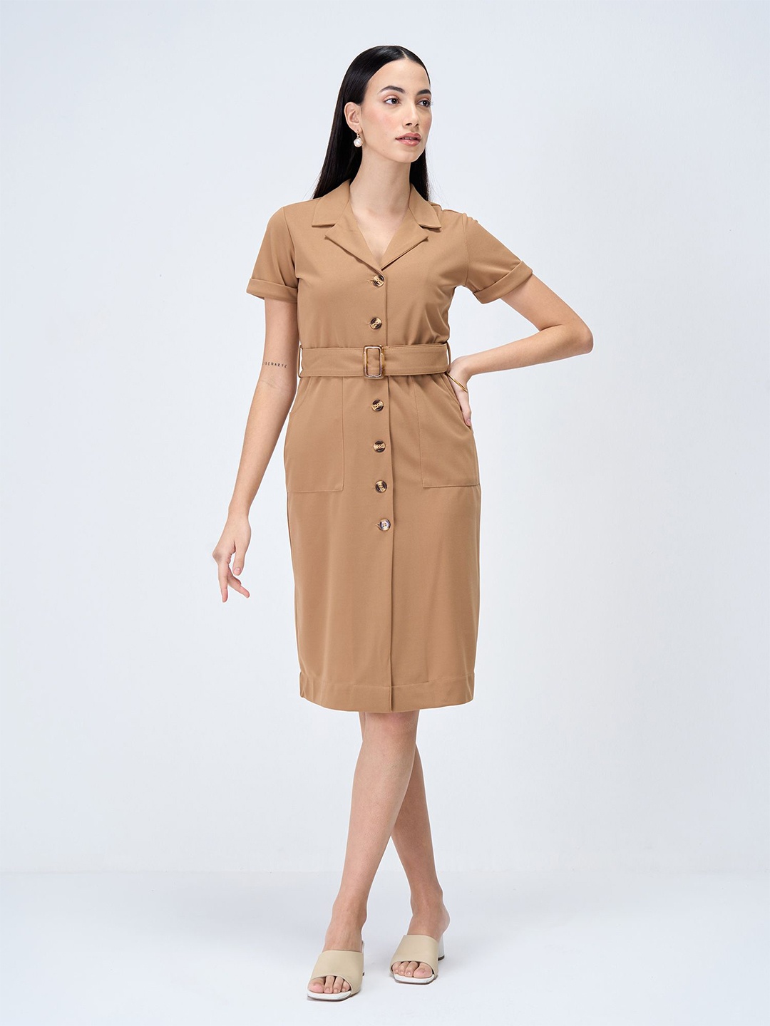 

SALT ATTIRE Women Shirt Collar Shirt Dress, Beige