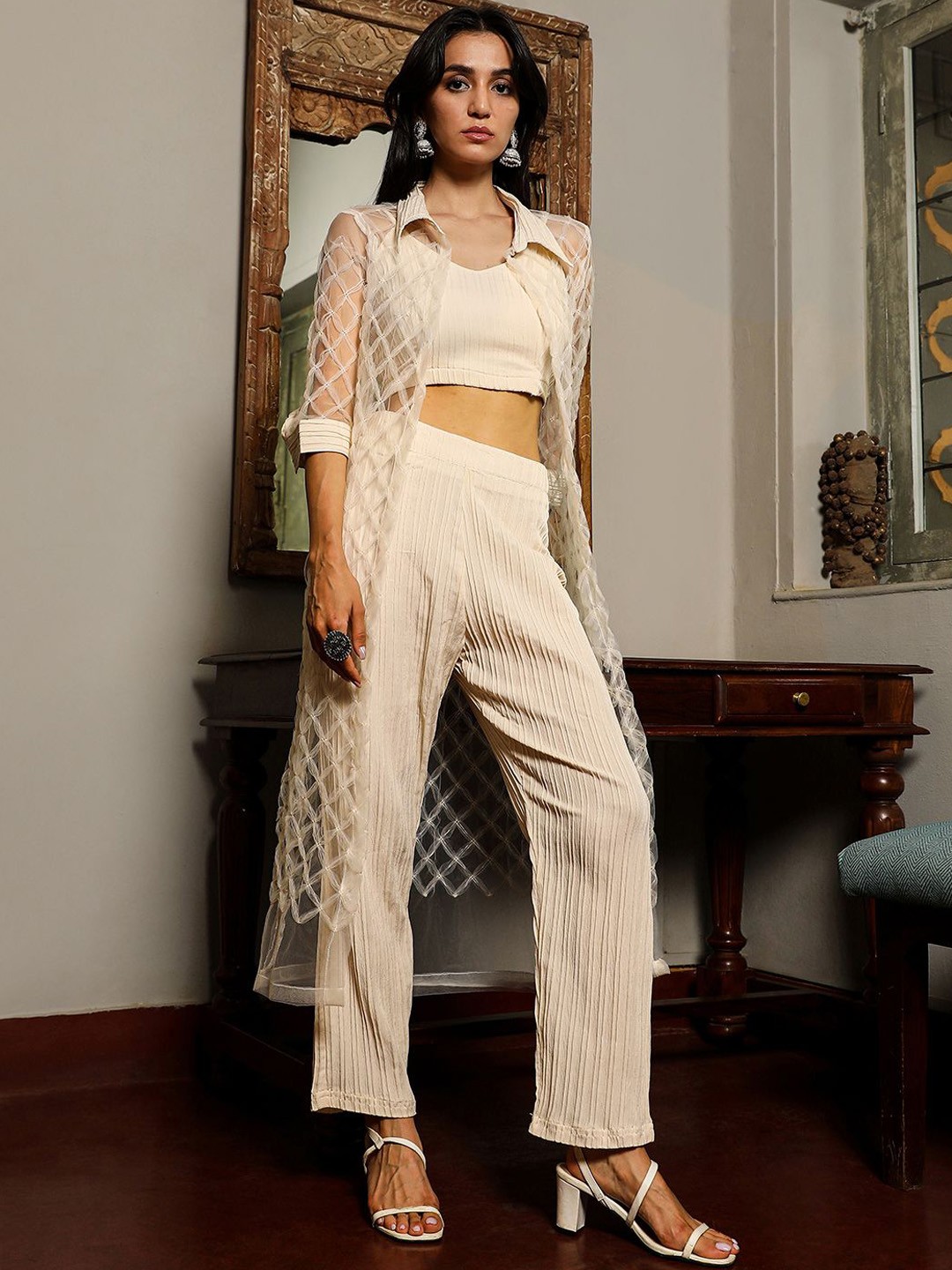 

QISSA Top With Palazzos & Shrug, Beige