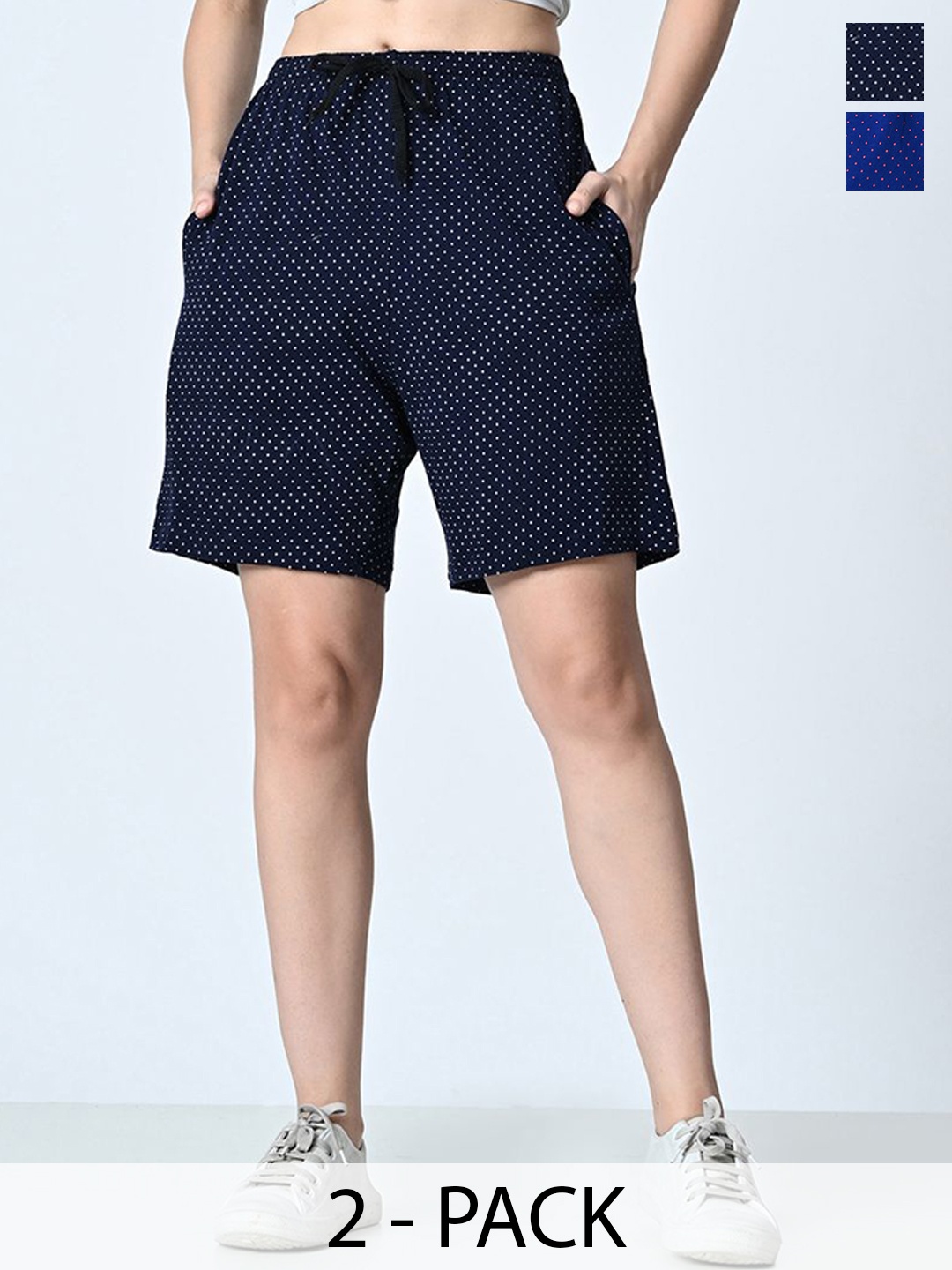 

BAESD Women Pack of 2 Pure Cotton Printed High-Rise Shorts, Navy blue