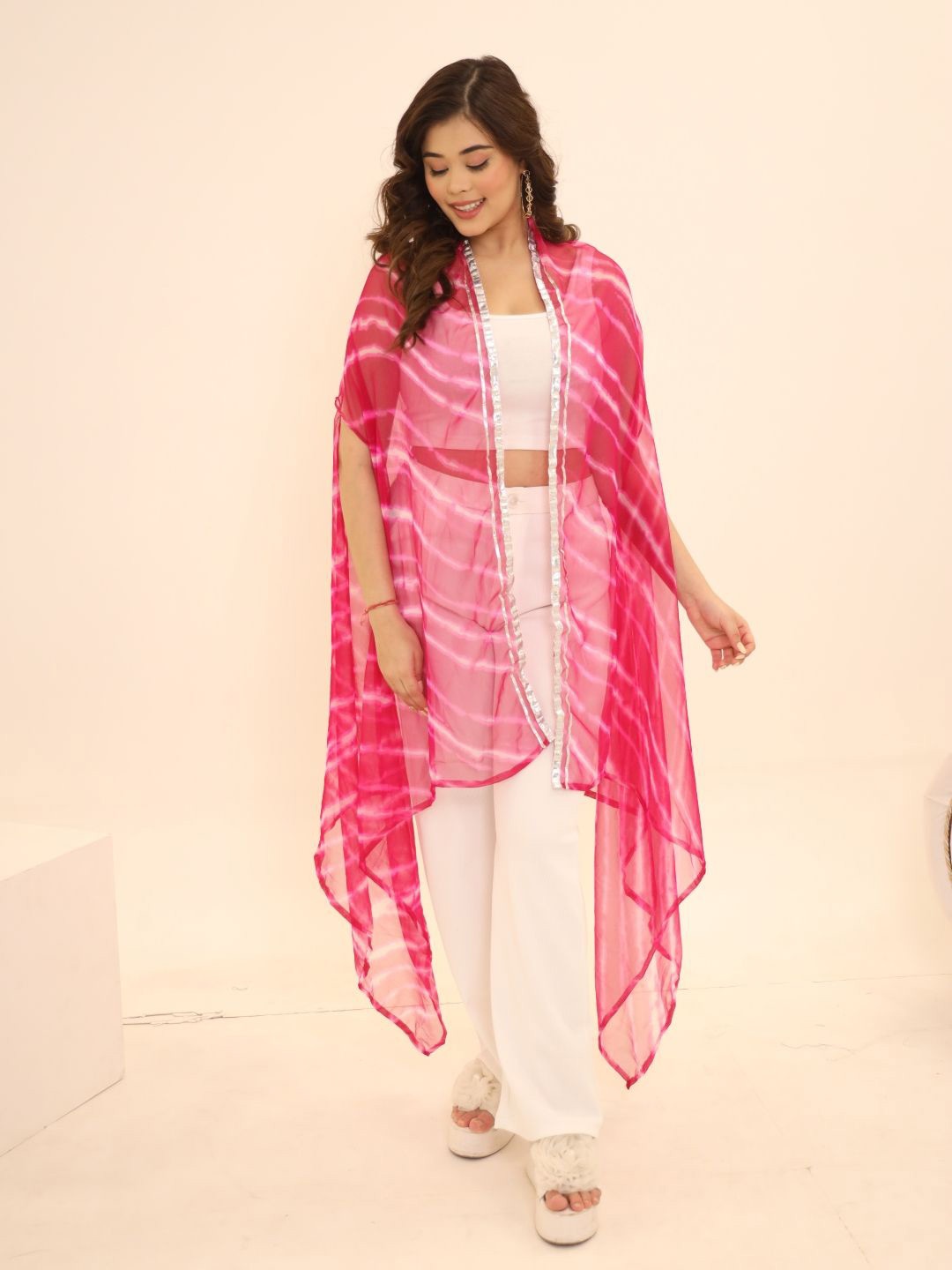 

Swadeshi Shringaar Leheriya Printed Longline Cape Shrug, Pink