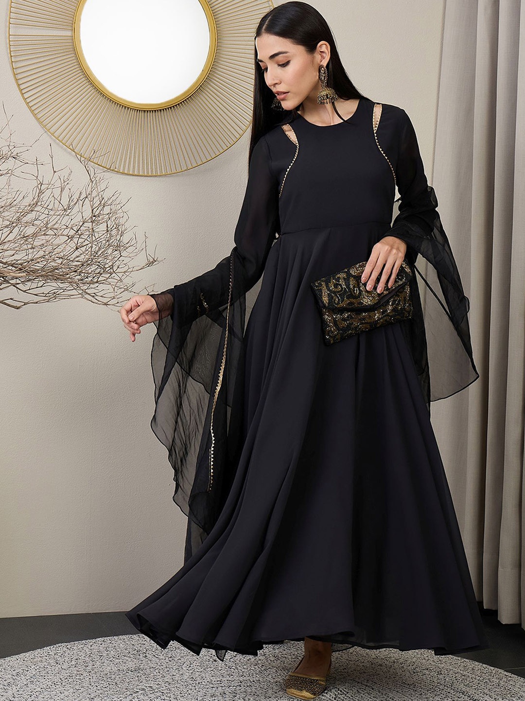 

ADORNIA Round Neck Pleated Gotta Patti Georgette Anarkali Kurta With Palazzos & Dupatta, Black