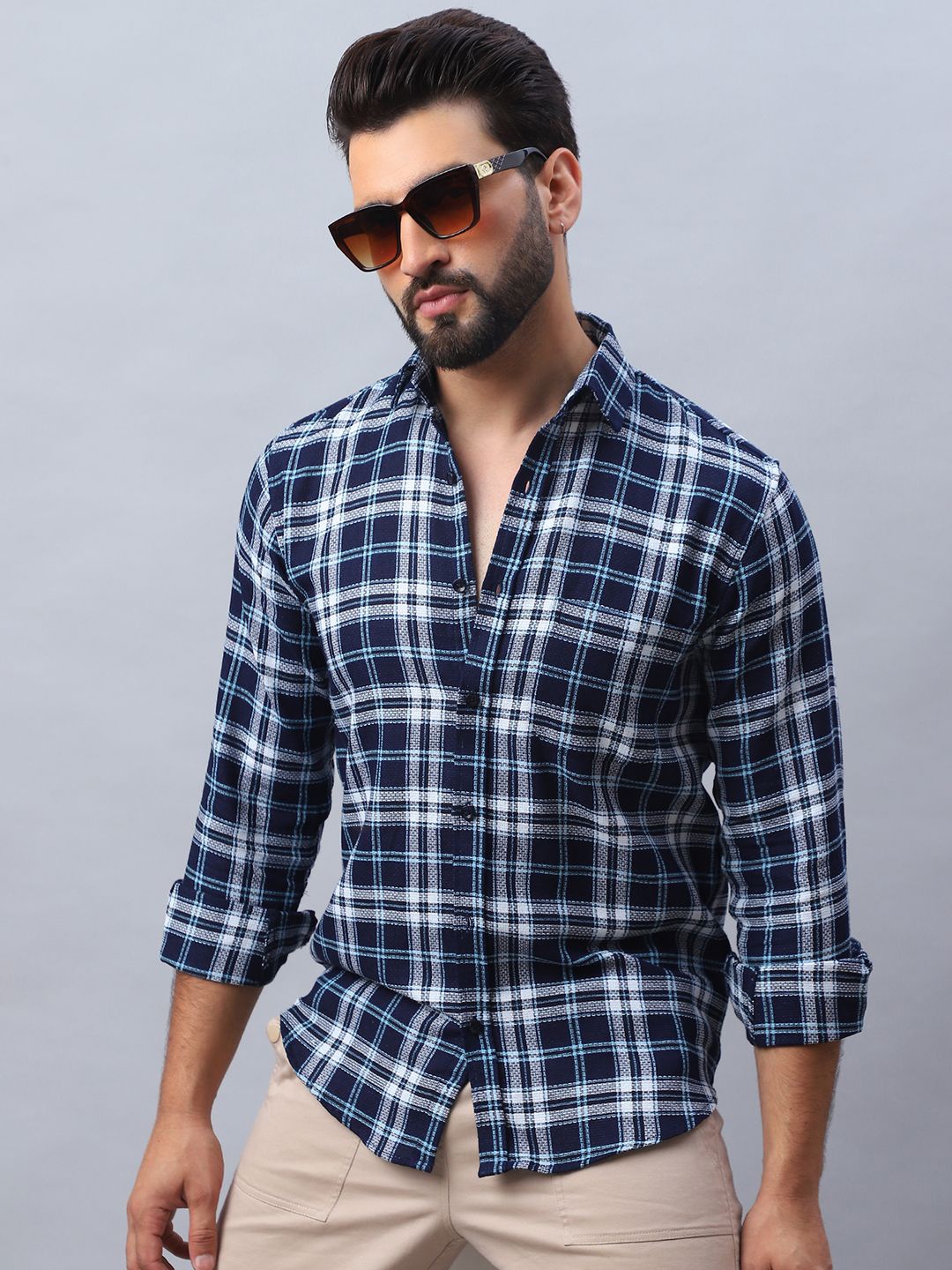 

Indian Needle Men Classic Tartan Checked Pure Cotton Casual Shirt, Navy blue