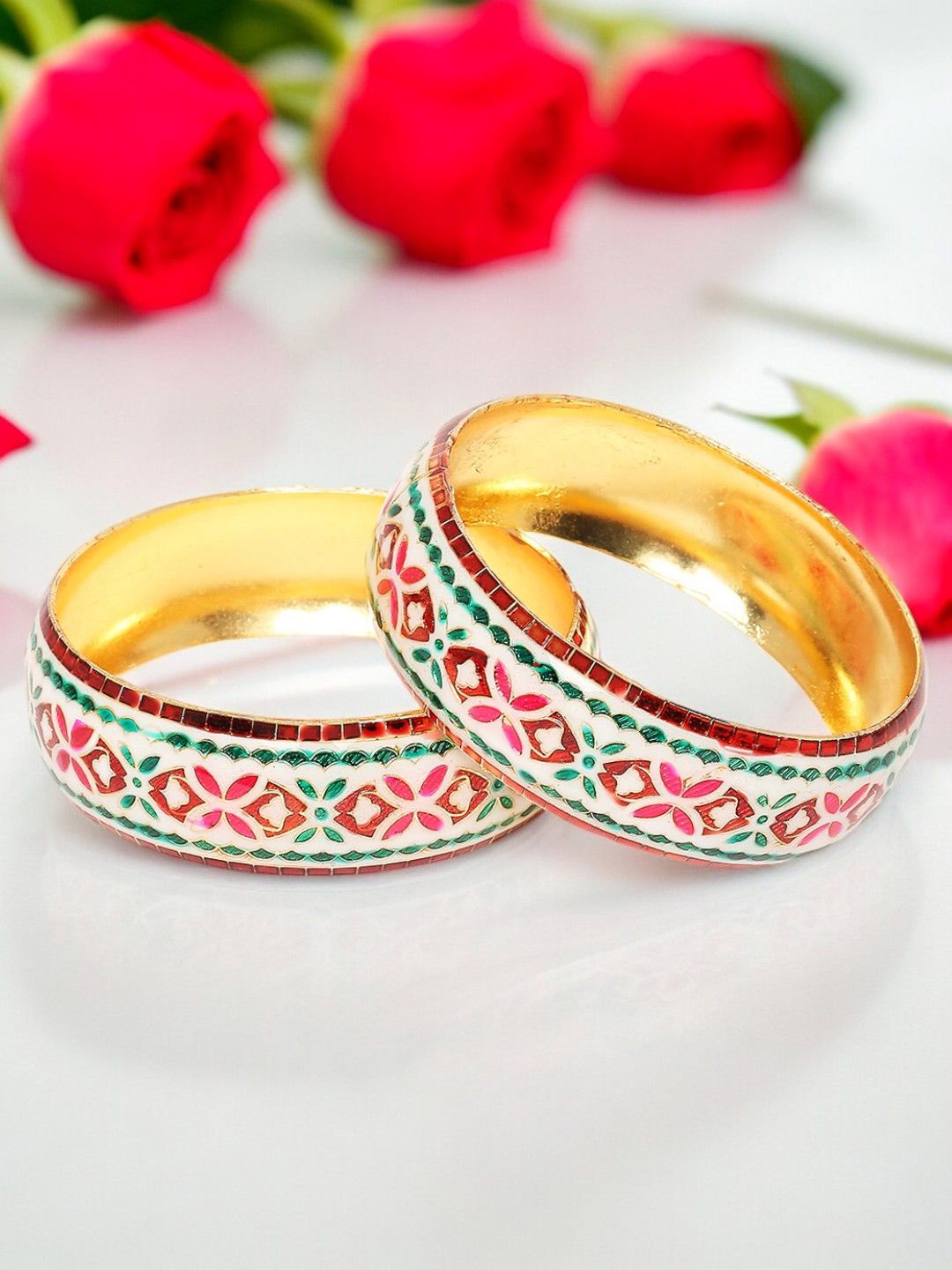 

Anouk Gold-Toned Set Of 2 Meenakari Floral Design Textured Bangles