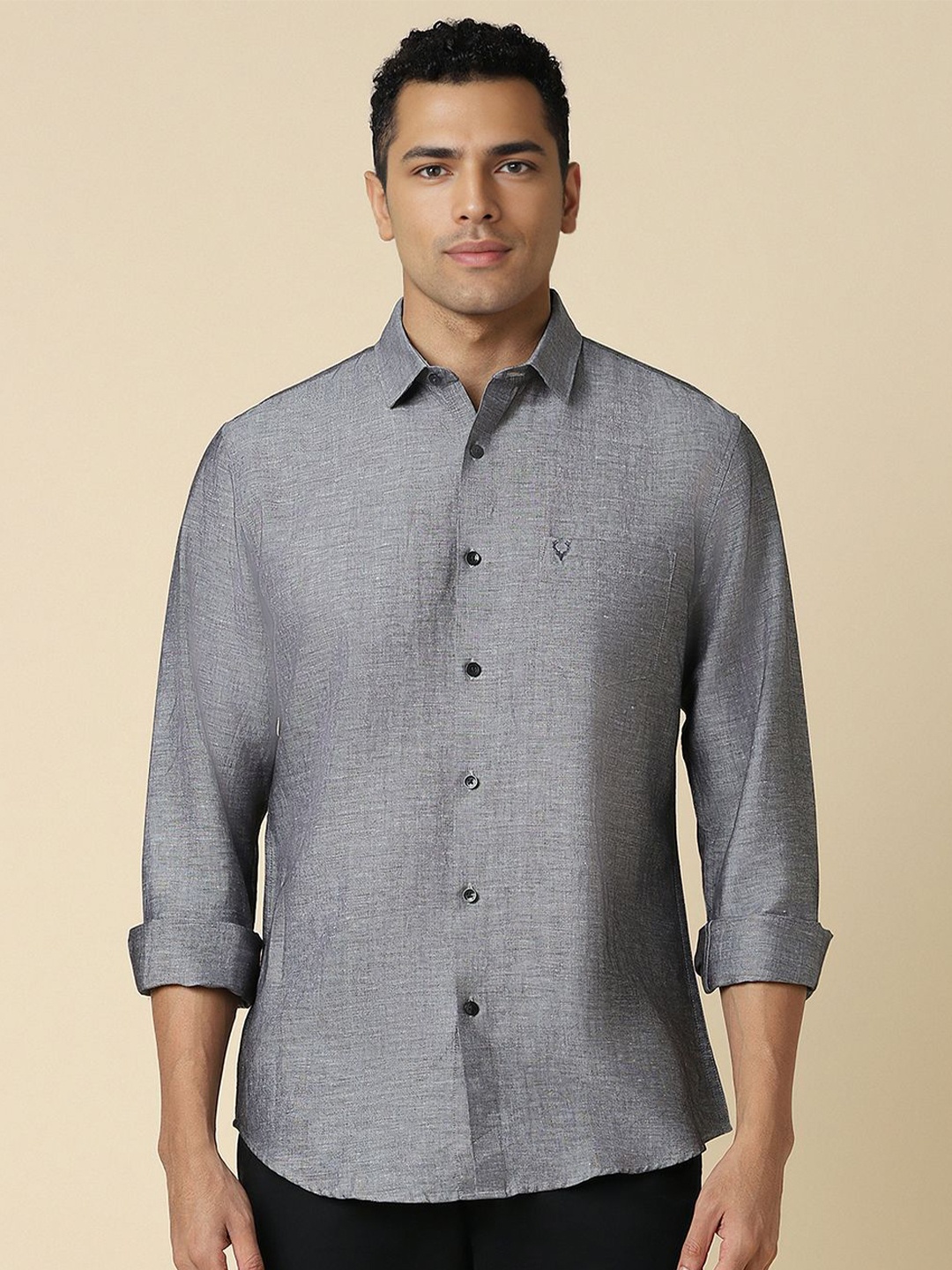 

Allen Solly Men Spread Collar Solid Linen Slim Fit Casual Shirt, Grey